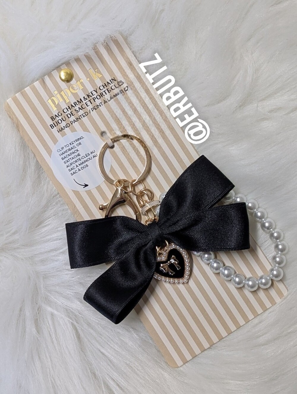 Piper K Black Chic Satin Bow, Pearl & Heart Bag Charm Keychain 🎀